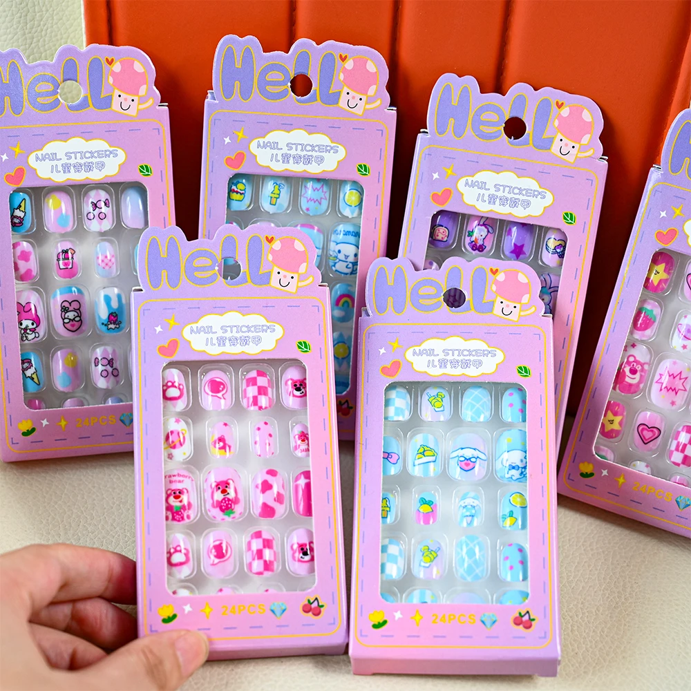 24Pcs MINISO Cartoon Children's Nail Patch Kawaii Fake Nails Removable Handmade Wear Nail Exquisite Accessories Gift For Gi