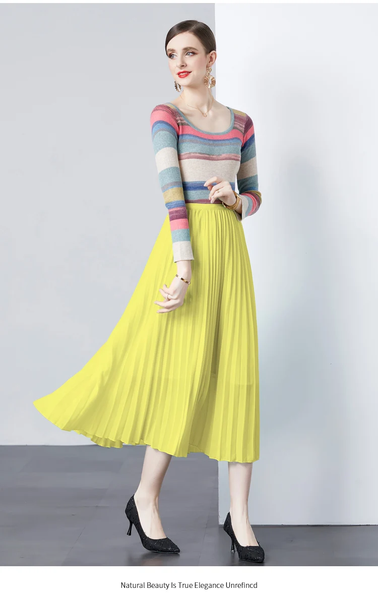 Age Reducing Slimming Simple and Versatile Knitted Top+chiffon Pleated Skirt Two-piece Set Three Bedroom Autumn Women's Clo