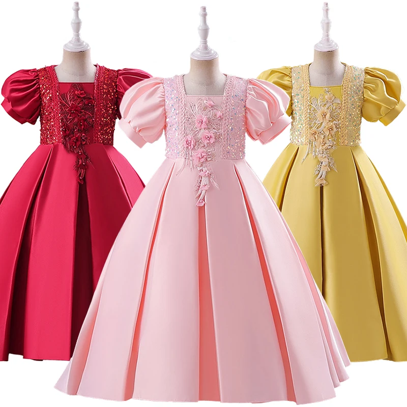 Flower Girl Luxury Satin Sequin Princess Elegant Party Dresses Pageant Children's Formal Occasion Graduation Host Gala Cost