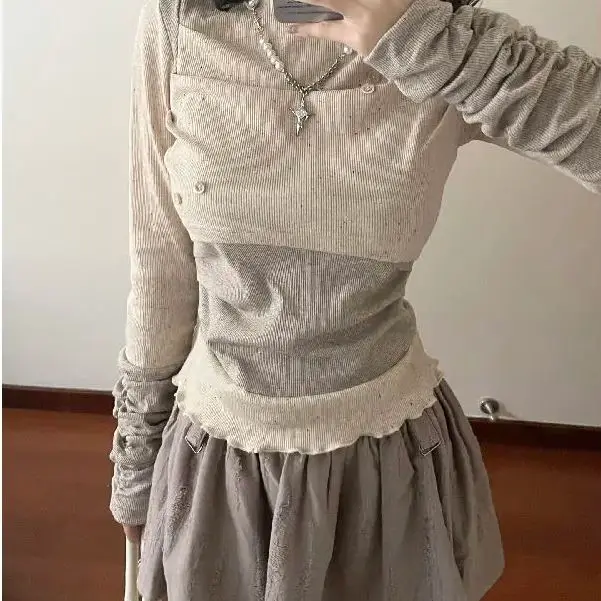 Long-Sleeved Shirt Mini Skirt Two-Piece Dress Suit New Chic 2000s Harajuku Top Skirt Women Retro Casual
