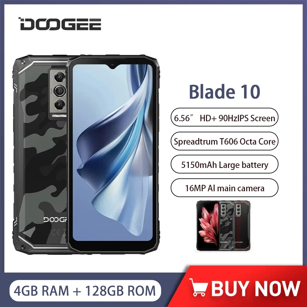 DOOGEE Blade 10 Rugged Smartphone Android 14 6.56" 90Hz 4GB 128GB Octa Core 5150mAh Mobile Phone 16MP Main Camera Face Unlo