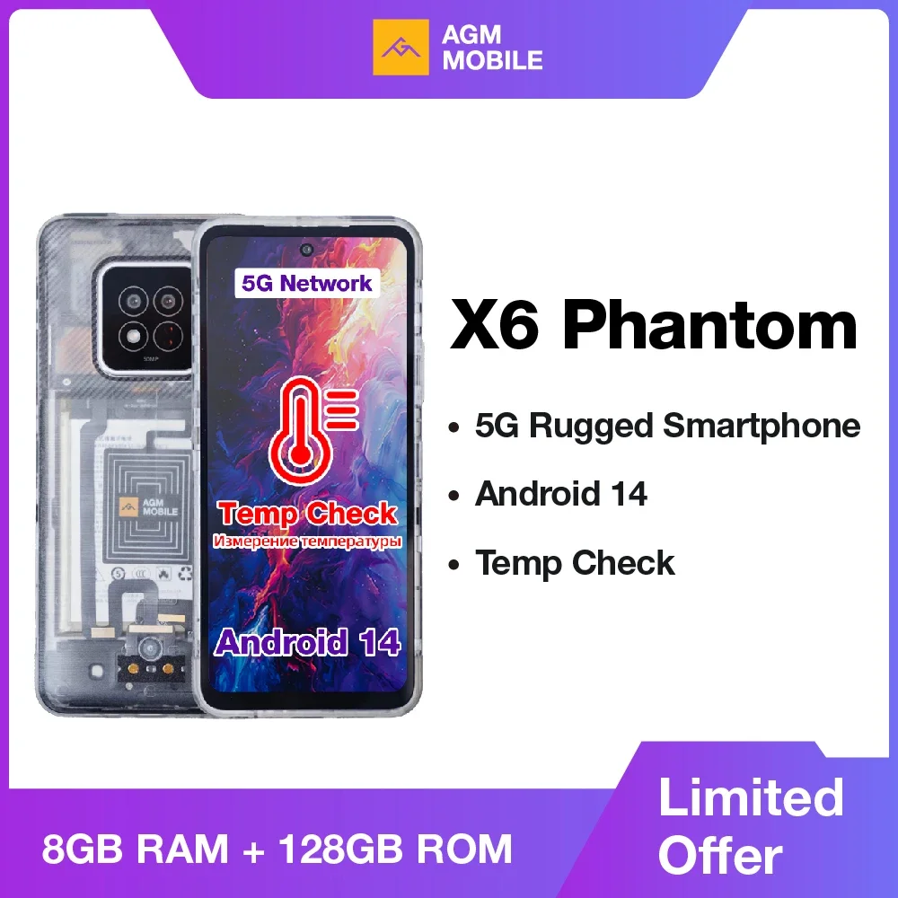 AGM X6 Phantom 5G Rugged Smartphone 6.78" FHD+ 5000mAh 8GB+128GB Temp Check Phone Android 14 50MP NFC Dual SIM