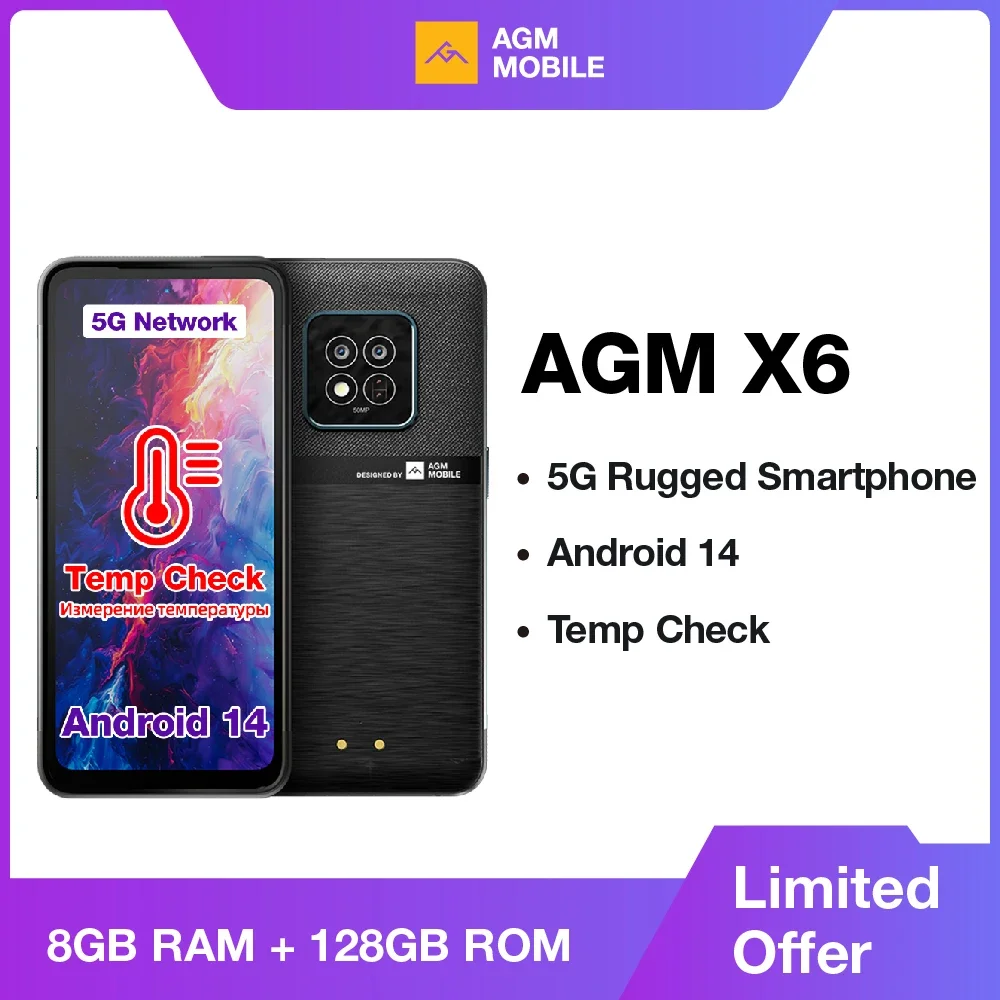 AGM X6 5G Smartphone 6.78" FHD+ Rugged Waterproof IP68/IP69K 50MP Camera 5000mAh 8GB+128GB NFC Dual SIM Infrared Thermomete