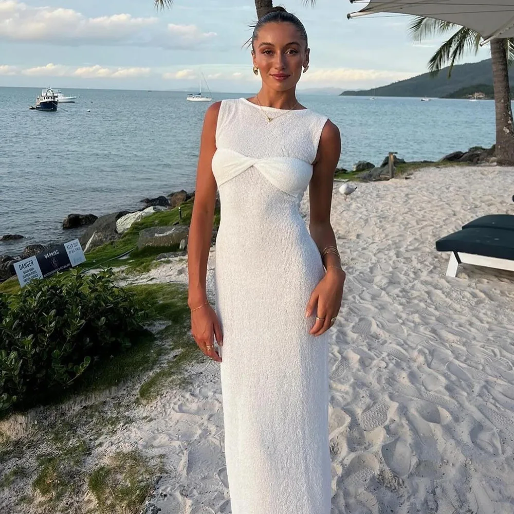 Knitted Round Neck Ruched Women Maxi Dress Pink Sleeveless See Through Dress Femme Summer Skinny Elegant Party Beachwear