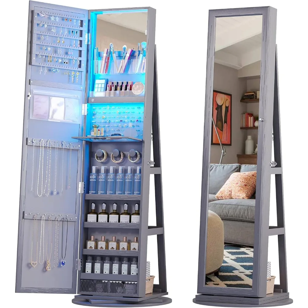 360° Rotating Full Length Mirror Jewelry Armoire, 63” Large Capacity Jewelry Organizer, Lockable Jewelry Mirror Cabinet