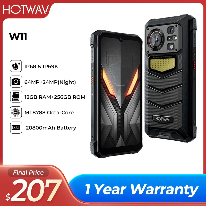 HOTWAV W11 Rugged Phone 6.6'' FHD+ 24MP Camera Smartphone 12+256GB ROM 20800mAh 280LM Flashlight 33W Fast Charging Cel