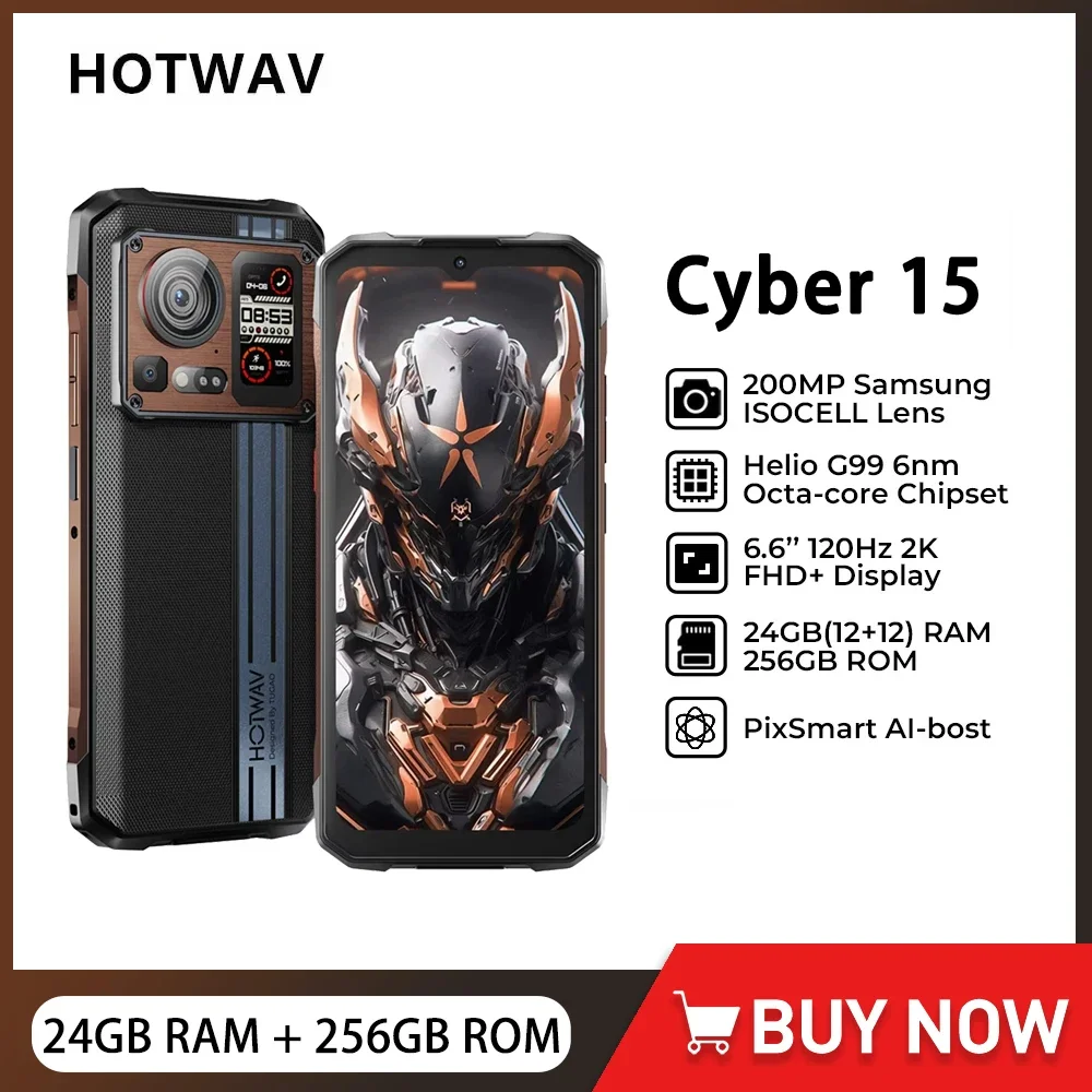 HOTWAV Cyber 15 4G Rugged Smartphone Android 6.6Inch FHD+ Octa Core 24GB+256GB Mobile Phone 33W 200MP Camera 6280mAh NFC Global