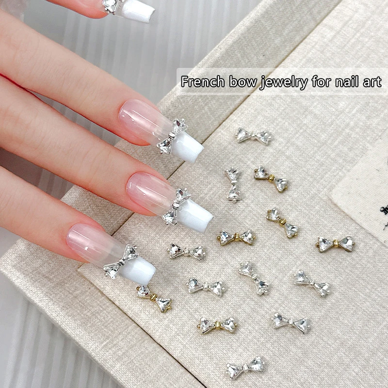 10Pcs Super Shiny Zircon Nail Designs Charms 12x5mm Bowtie Shaped Gold/Silver Flatback Nail Accessories Sparkle 3D Nail Supplies