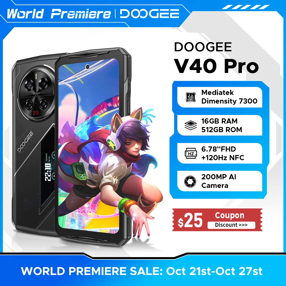 DOOGEE V40 Pro 5G Rugged Phone 6.78" IPS Display 16GB 512GB Dimensity 7300 4nm 200MP Al Camera 8680mAh Mobile Phone Android