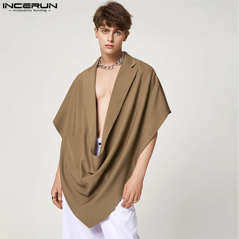 INCERUN 2024 Men Vests Solid Color Lapel Sleeveless Loose Casual Irregular Waistcoats Men Pockets Fashion Streetwear Cloak S-5XL