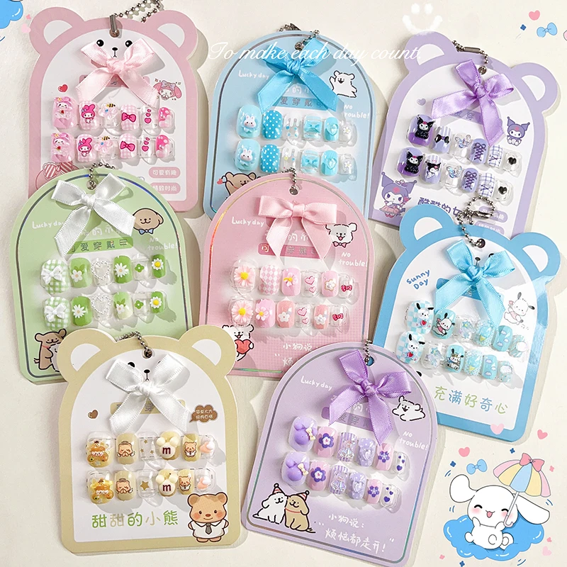 12pcs Lovely Cartoon Melody Kuromi Kids Press On Nails Kawaii Square Short False Nail For Girls Reusable Children's False N