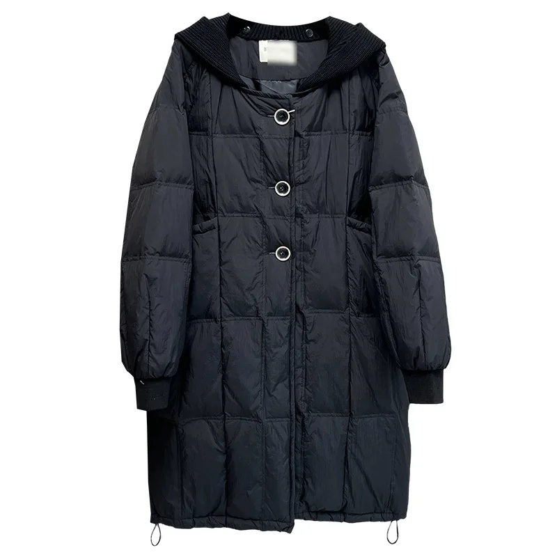 Plus Size Women Long Down Jacket Winter Fashion Loose Knitted Hooded 90 White Duck Down Warm Coat 2758