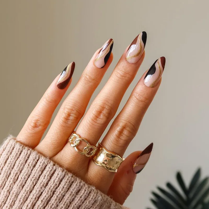 24Pcs Almond Handmade Press On Nails Full Cover Swirl Leopard Print Design French Autumn False Nails Wearable Manicure Nail Tips