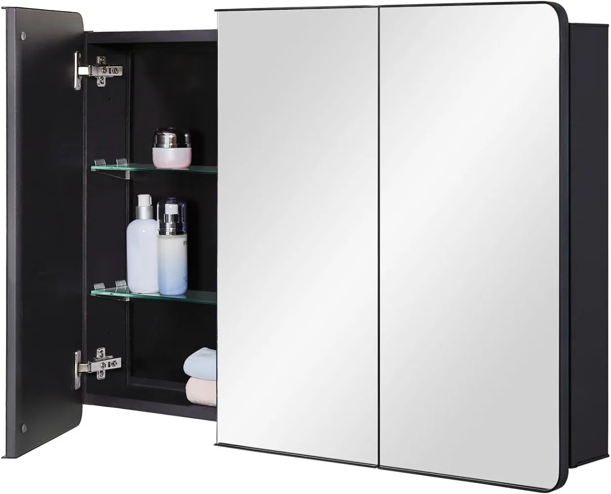 Bathroom Mirror Medicine Cabinet with Round Corner Framed Door 36 x 26 inch, Black，Recessed or Surface Mount, with Adjustable
