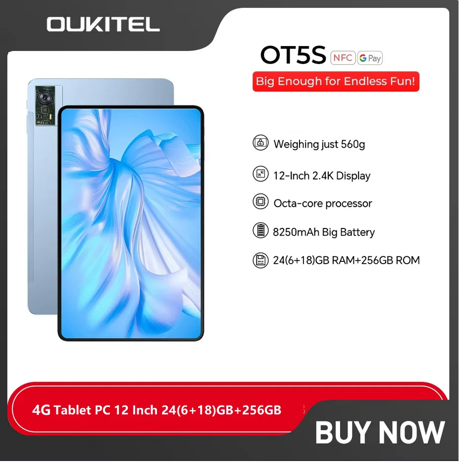 Oukitel OT5 S Tablet PC 12 Inch 60Hz 24GB RAM 256GB ROM 8250mAh Android 13 Tablets Bluetooth 16MP Camera MTK Tablet Pad