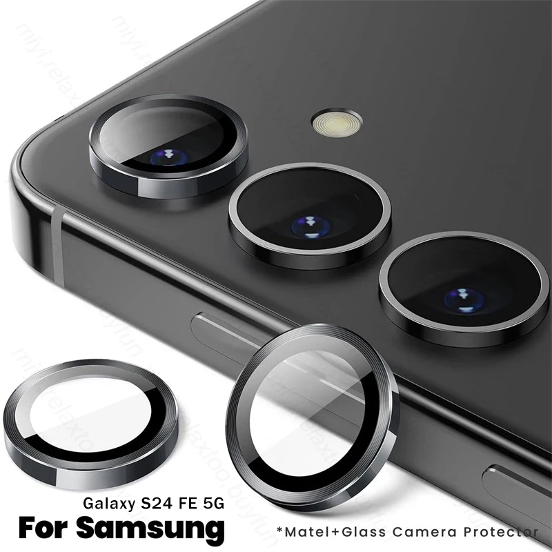 Matel Ring+9D Tempered Glass Moblie Phone Camera Lens Film For Samsung Galaxy S24 FE 5G Sumsung Samung S24FE S 24 FE 24FE 2024