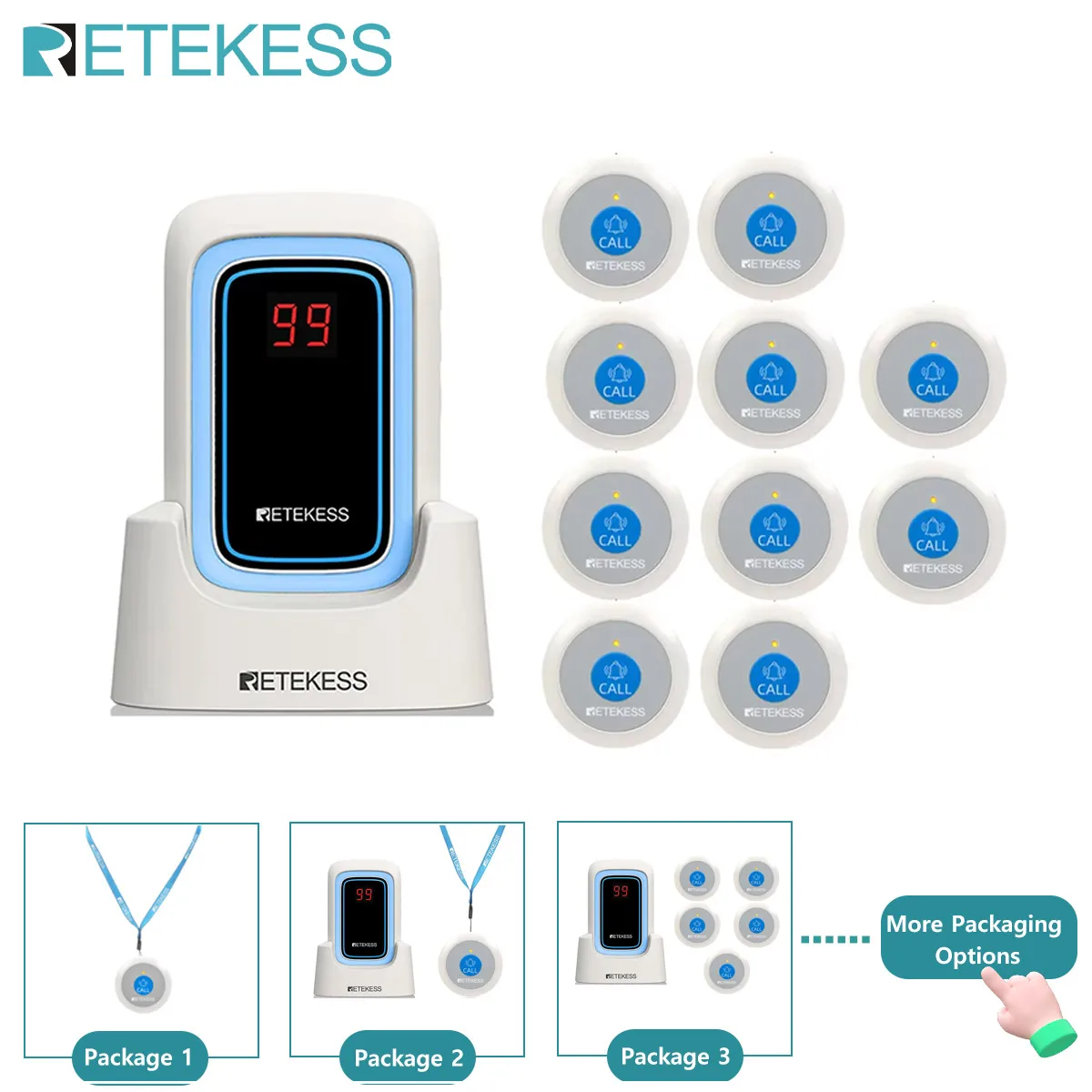 Retekess TH109S Caregiver Pager Wireless Calling System SOS Call Button Digital Display Screen For Clinic Home Care Hospital