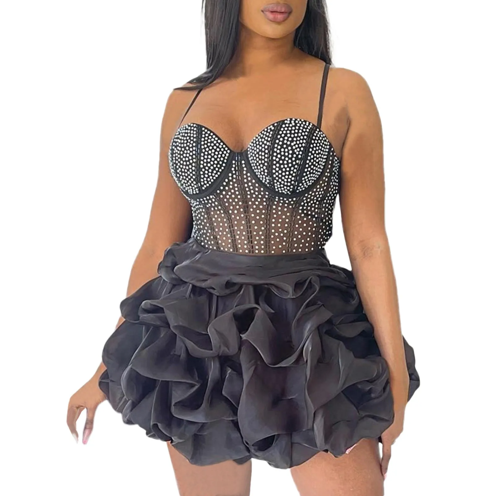 Women Mesh Diamonds Hot Rhinestones Cake Style Big Swing Strap Bodycon Midi Dress 2024 Sexy Party Even Dresses Vestidos