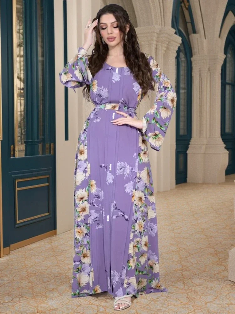 Beach Vacation Printed Dress for Autumn 2024 Elegant Round Neck Long Sleeved Women's Robe Fashionable Party Sweet Evening D