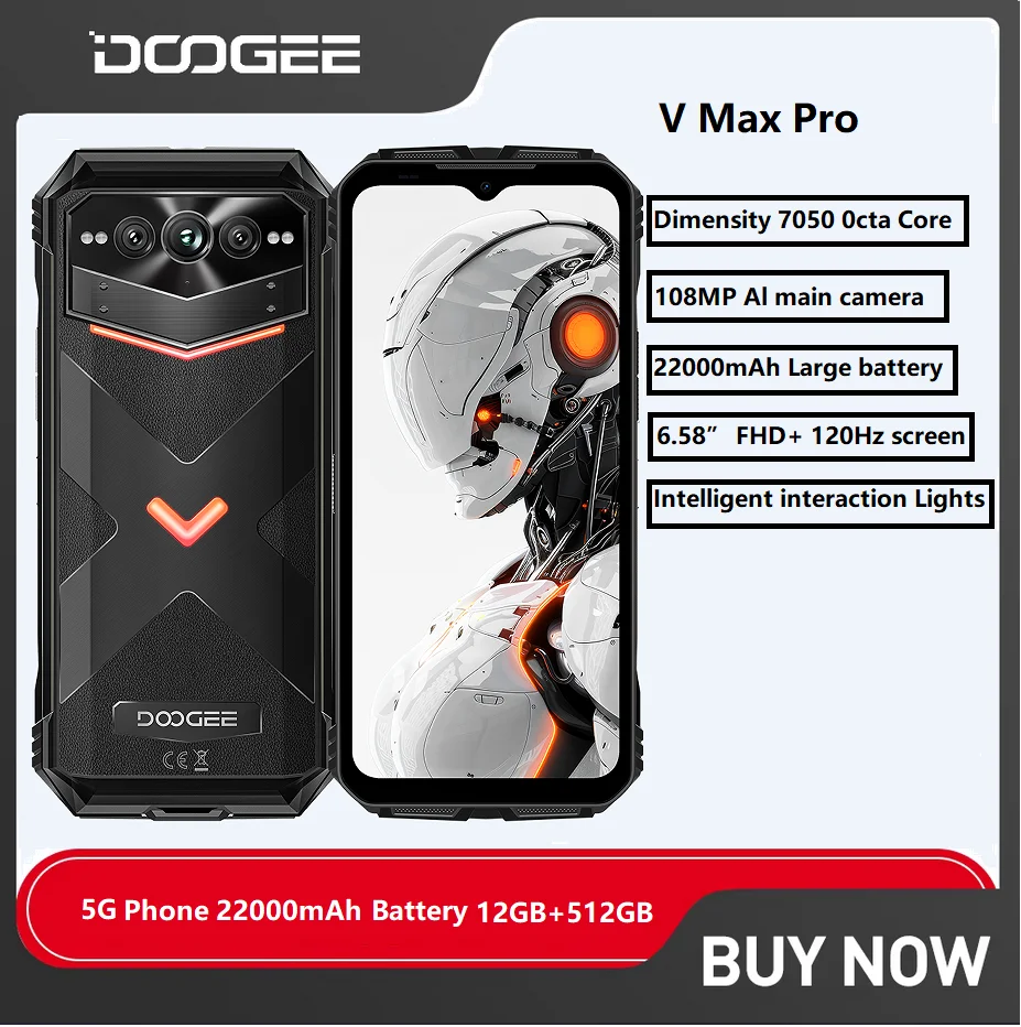 DOOGEE V Max Pro 5G Rugged Smartphone 6.58" 12GB+512GB 100MP AI Camera 22000mAh 33W 120Hz Dimensity 7050 MAX Android 14 Pho