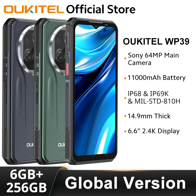Oukitel WP39 5G Rugged Smartphone 6GB+256GB 6.60"FHD+ 64MP Camera 11000mAh Cellphone Android 14 MTK Dimensity 6100+ Octa Co