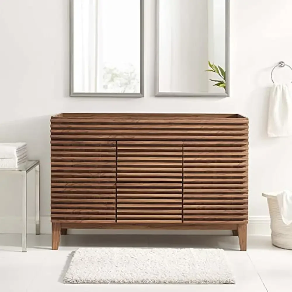 Mid-Century Style Bathroom Vanity Cabinet 48" Walnut Double Sink Storage Unit 48x18x32.5 Made of Durable Wood