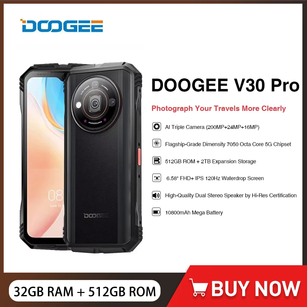 DOOGEE V30 Pro Rugged Smartphone Octa Core 32GB+512GB Android 13 200MP 10800mAh 33W Fast Charging 6.58" FHD 5G Cellphone NF