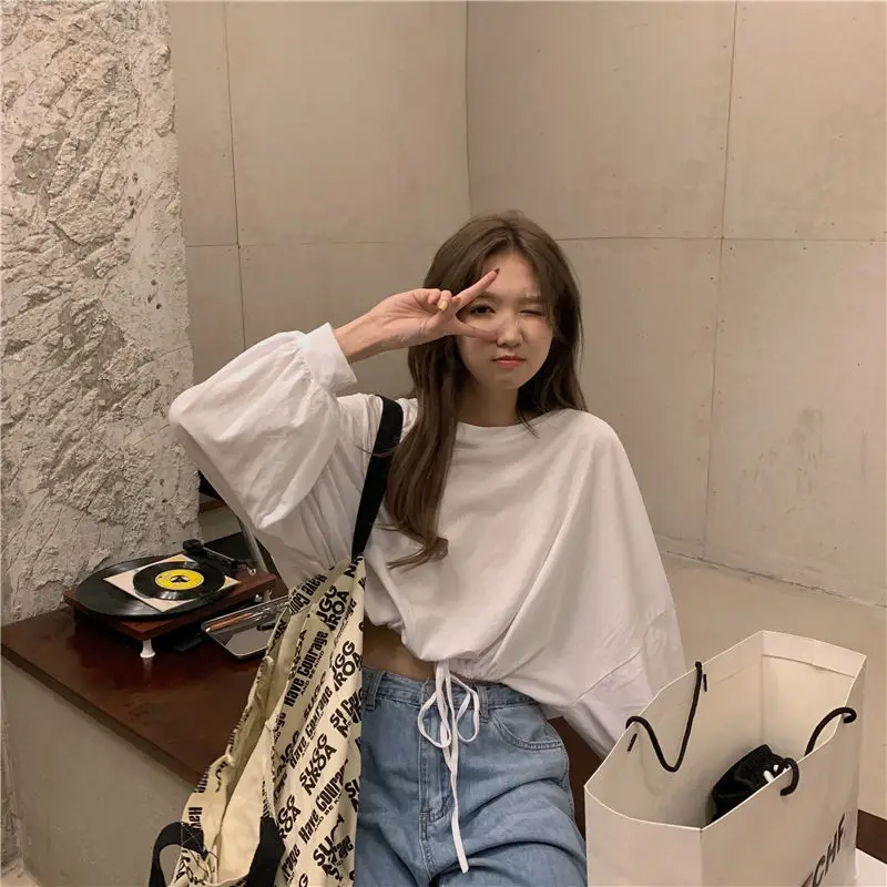 Women Long Sleeve T-shirts Fashion Solid Crop Top Soft Daily Loose Slouchy Drawstring Hem Womens O-Neck Trendy Basic Femme Tees