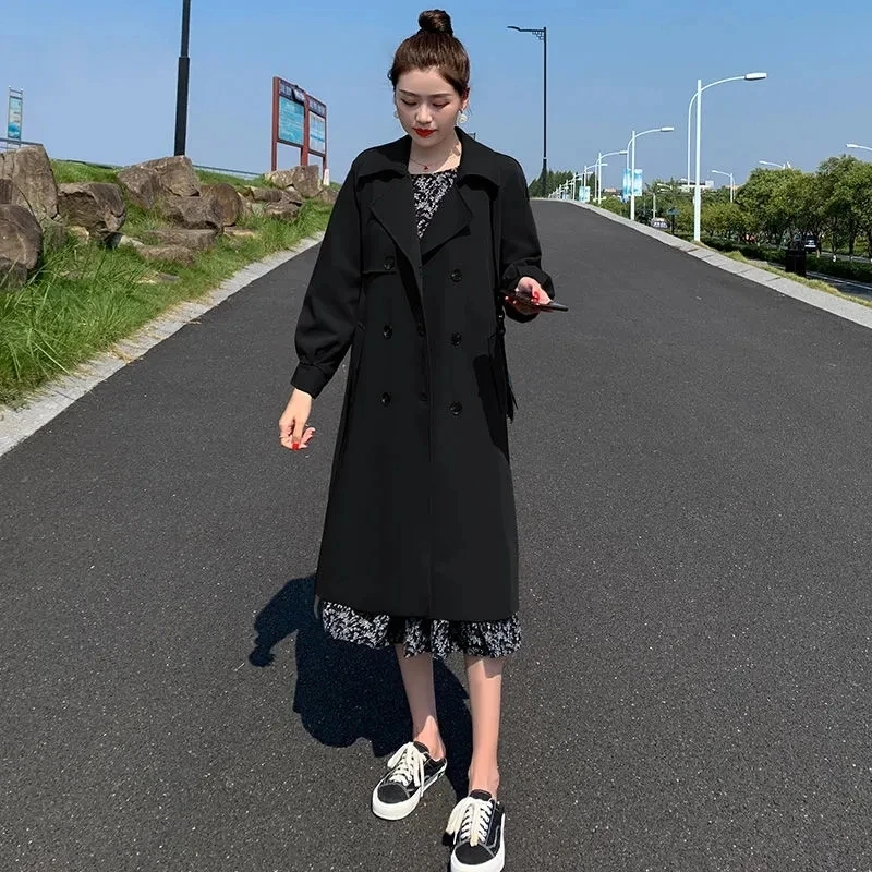 Mid-length Women Trench Coat With Sashes Dark Khaki Black Outwear Spring Autumn Loose Casual Long Sleeve Female Windproof Jacket