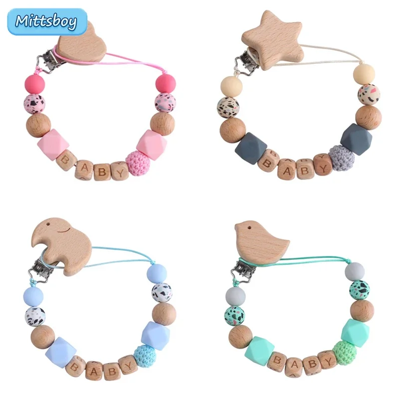 Custom Wooden Handmade Personalized Name Beech Letters Beads Pacifier Clips Chain Baby Teether Holder Bracelet Chew Nursing Gift