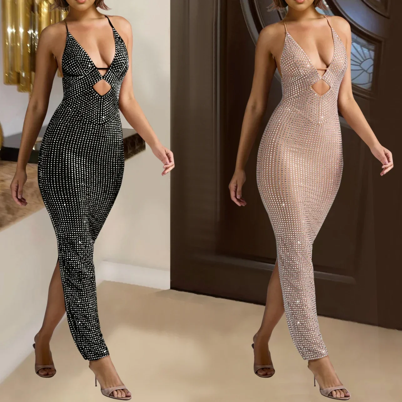 Womens Slit Dresses formal occasions Criss-Cross Long Prom Dress Sexy Rhinestones Hollow Out Elegant Party Evening Dresses HX811
