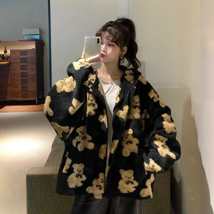 Hip Hop Harajuku Aesthetic Zip Hooded Winter Unisex Kawaii Wool Bear Long Sleeved Jacket Women Y2k Casual Oversize Loose Hoodies
