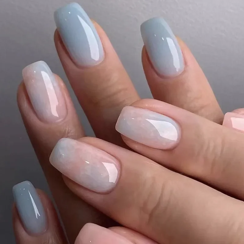 24Pcs/set Medium Length French Fake Nails Blue Pink Halo Glossy False Nail Artificial Acrylic Press On Nails Art tips Removable
