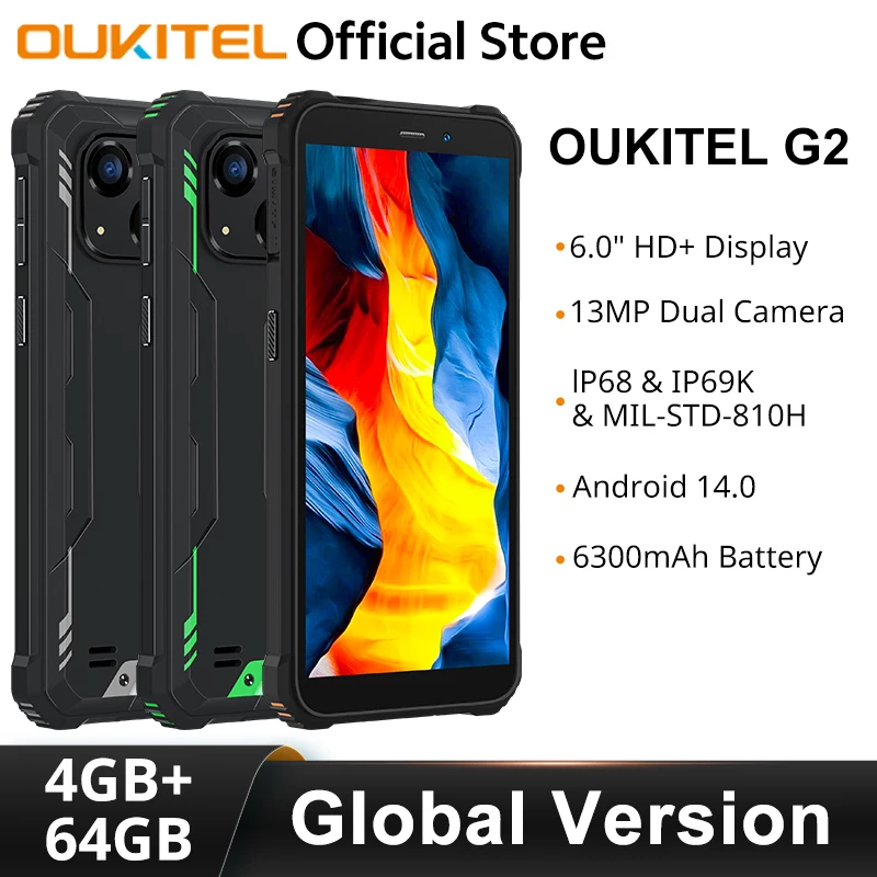 Oukitel G2 Rugged Smartphone 4GB+64GB 6."HD 13MP Camera 6300mAh Cellphone Android Unisoc T606 Octa Core