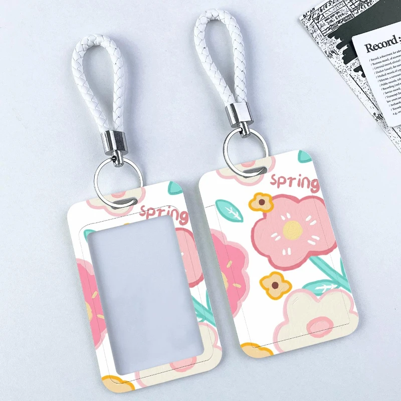 Cartoon Pink Flower Bank Business Work Card Holder Credit ID Card Badge Bag Student Campus Lanyard Cards Holder for Kids Gift