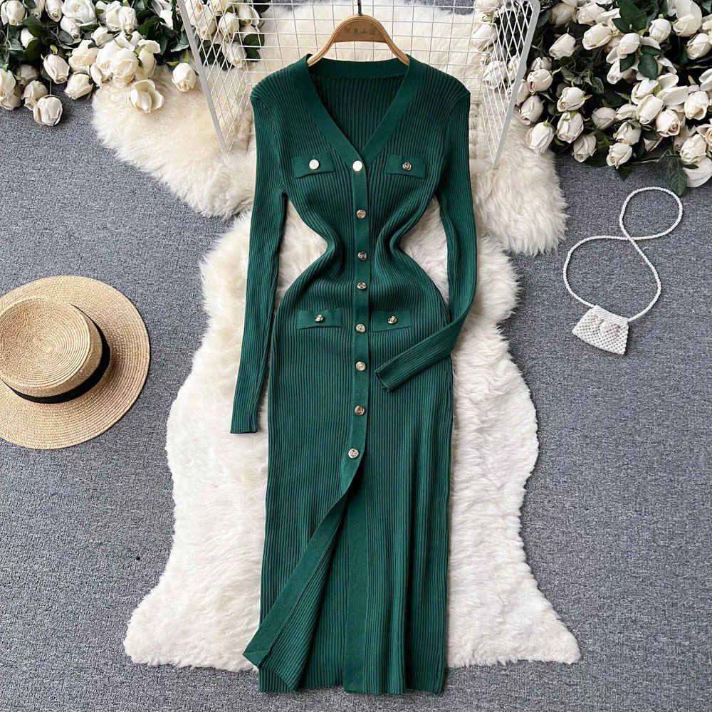 ALPHALMODA 2024 New Dress, V-neck Long-sleeved Dress, V-neck Single Breasted Dress, Women Slim Fashion Vintage Dress