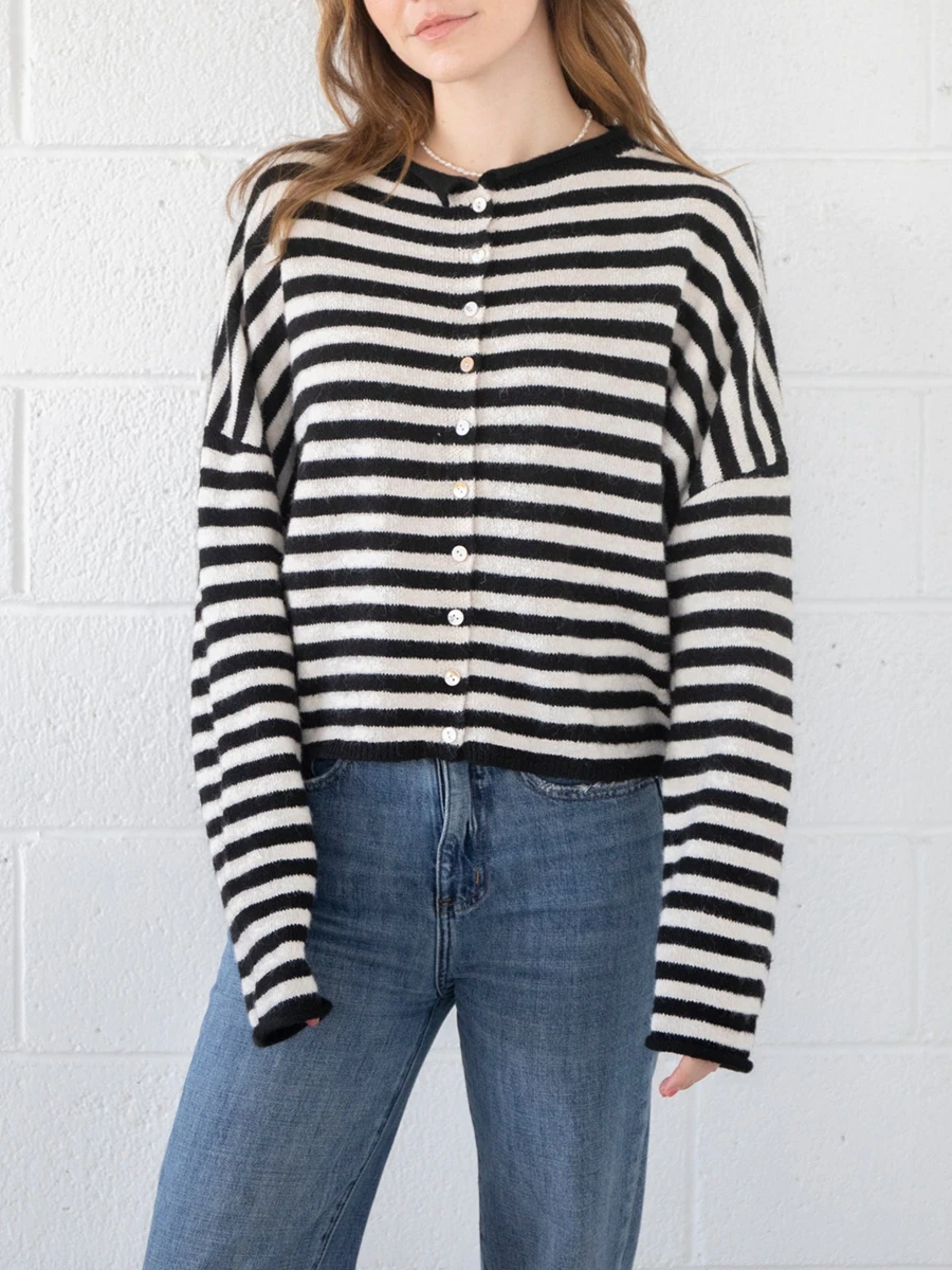 Women Fashion Cardigan Stripe Long Sleeve Sweater Button-Down Fall Casual Soft Knit Coat