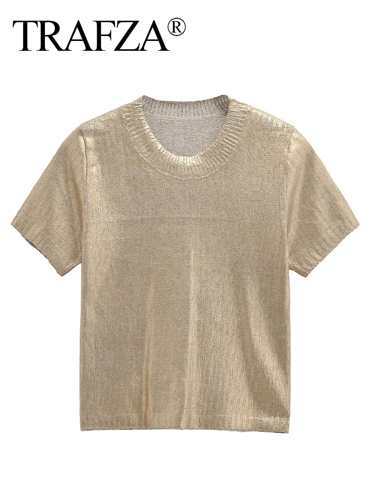 TRAFZA Summer Female Elegant Solid O-Neck Metal Foil Short-Sleeved Knitted Sweater Women's High Street Pullover Sweater Muj