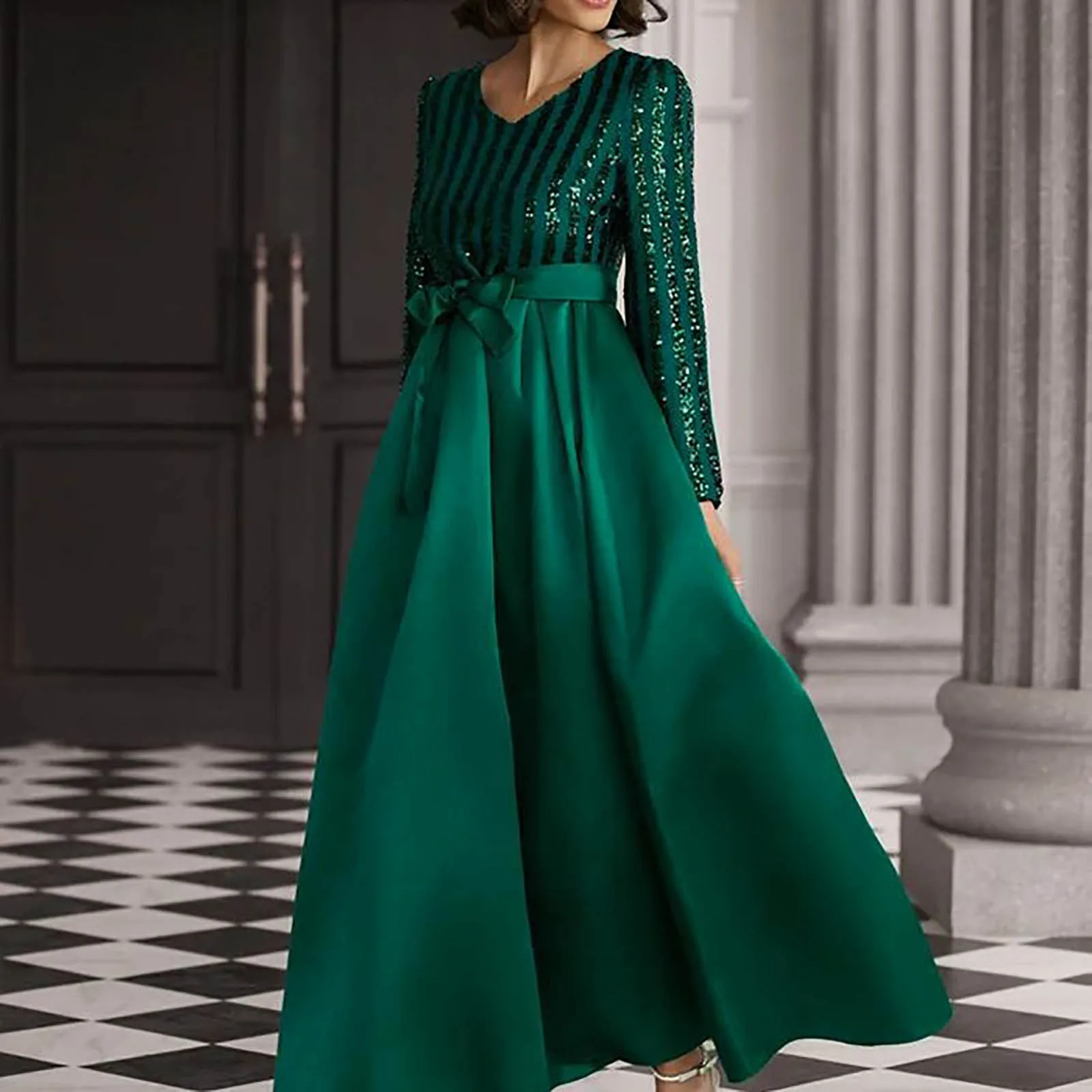 Elegant Sequin Cocktail Party Swing Dress Sexy V Neck Long Sleeves Dress Gown Robes Women Banquet Evening Dresses Vestidos