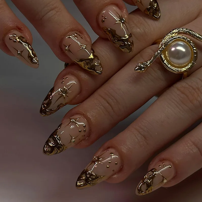 24 Pcs Simple Fake Nails for Women 3d Golden Medium Long Press on Acrylic Nails 2024 Almond Ready-made Artificial Nail Tips Girl