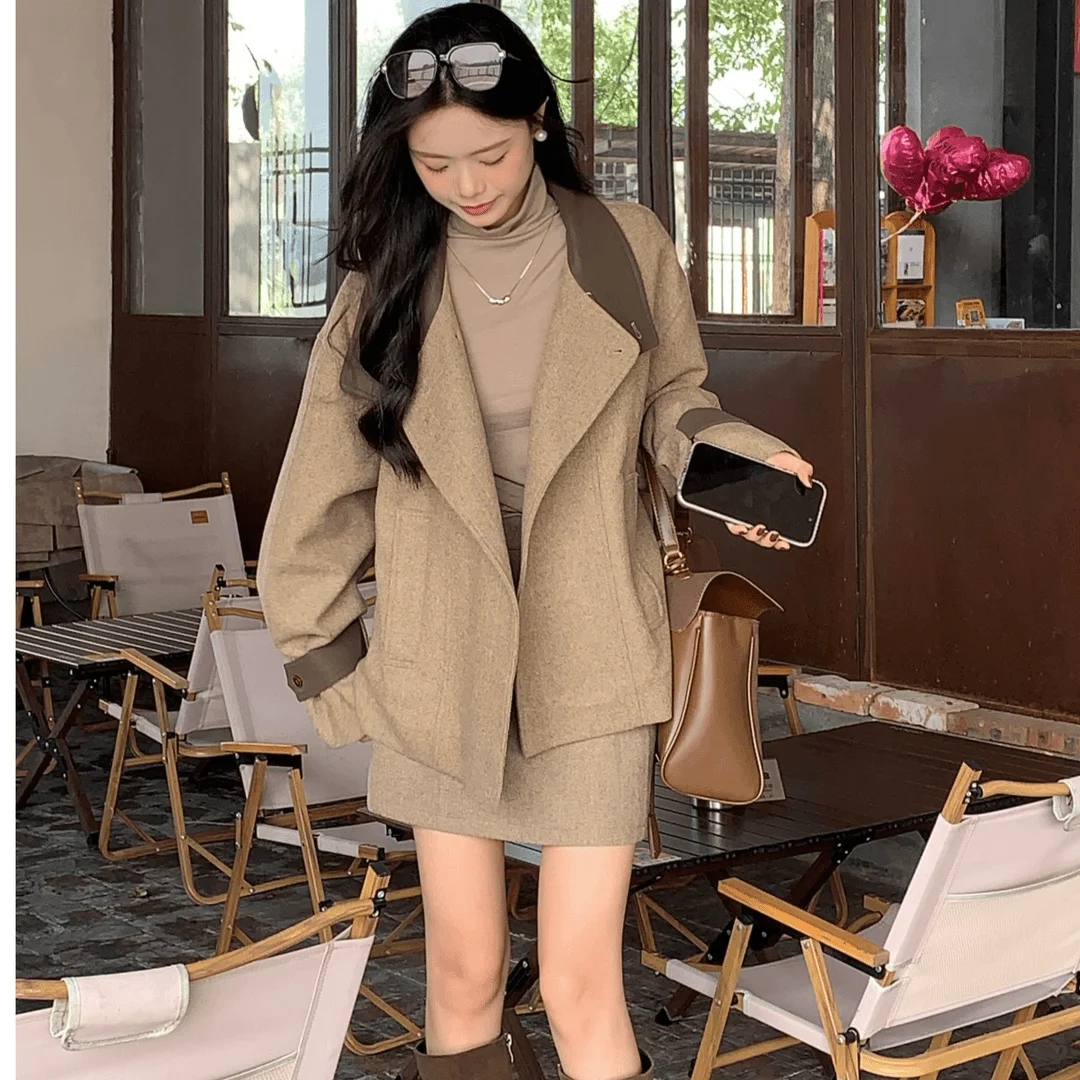 Loose-fit Korean Style Skrit Sets Autumn Winter Slimming Chic Windbreakers Coat A-Line Skirt 2 Piece Set Aesthetic Tweed Elegant