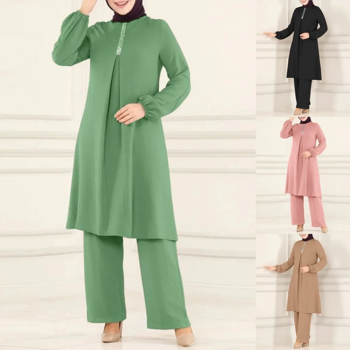 Muslim Womens Clothing Fashion Spring and Autumn New Solid Color Elegant Long-sleeved Shirt Loose Wide-leg Pants Sets