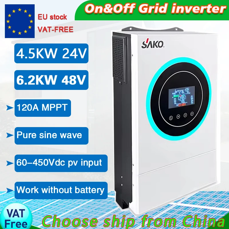 Sako ​6.2KW 48V Hybrid Solar inverterBuilt-in​120A MPPT, ​60V-450V PV Input Voltage,​Max 6000W PV power,on grid,work no battery
