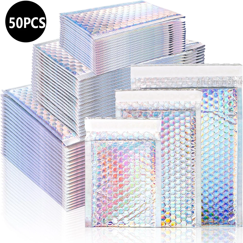 50Pcs Packaging Supplies Holographic Metal Bubble Mailer Shipping Bags Small Business Envelope Mailing Office School