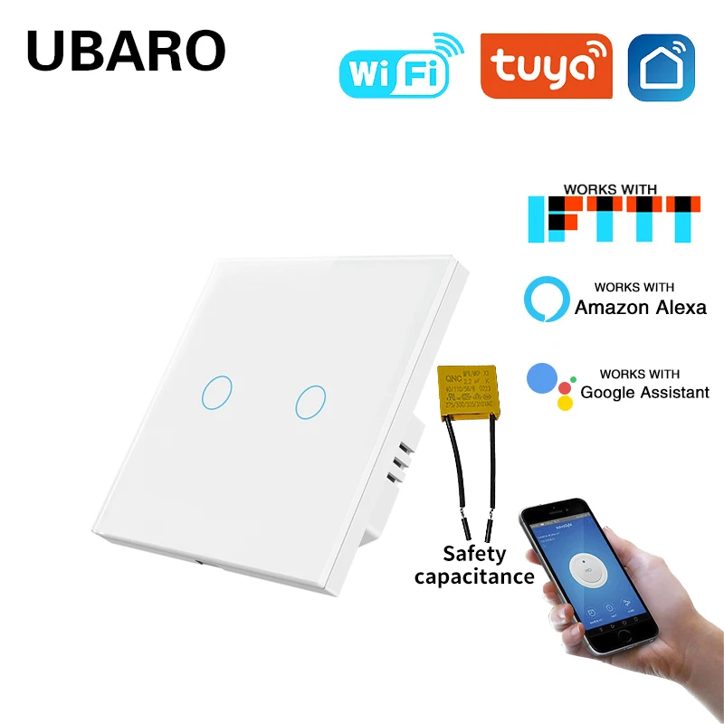 UBARO Tuya Smart Home WIFI Wall Light Switch 2Gang Work With Google Assistant Amazon Alexa Yandex Alice Voice Control Sensor