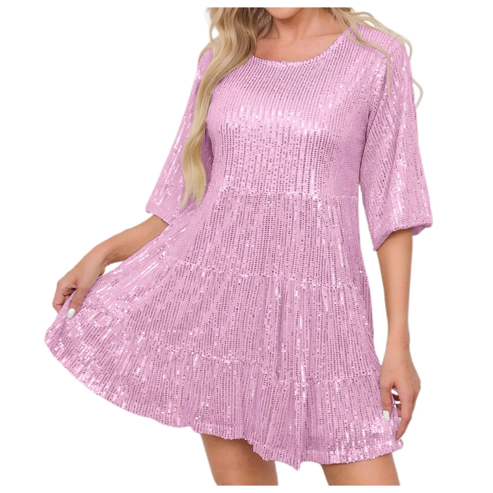 Women Sequin Baby Doll Dress Round Neck Short Sleeve Glitter Sparkly Tiered Tunic Dress Concert Party Clubwear