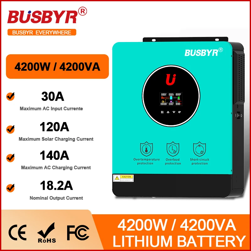 Busbyr 4.2KW Hybrid Solar Inverter On and Off Grid Pure Sine Wave Inverter Dual Output with MPPT 120A Solar Charger 24V 230V BMS