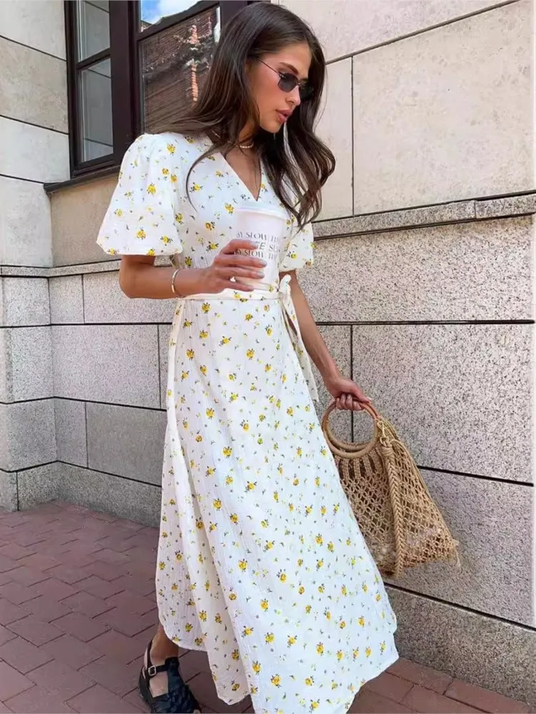 Fresh And Sweet Women's Summer Dresses Floral Print A-line Midi Dress With Side Slits Long Elegant White Vestidos For Women