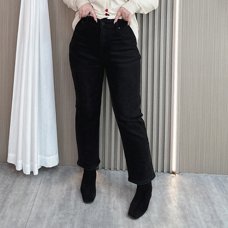 2024 Winter Fleece-lined Straight Leg Jeans Women Plus Size High Waist Stretch Quality Slim Casual Ankle-Length Denim Pants D095