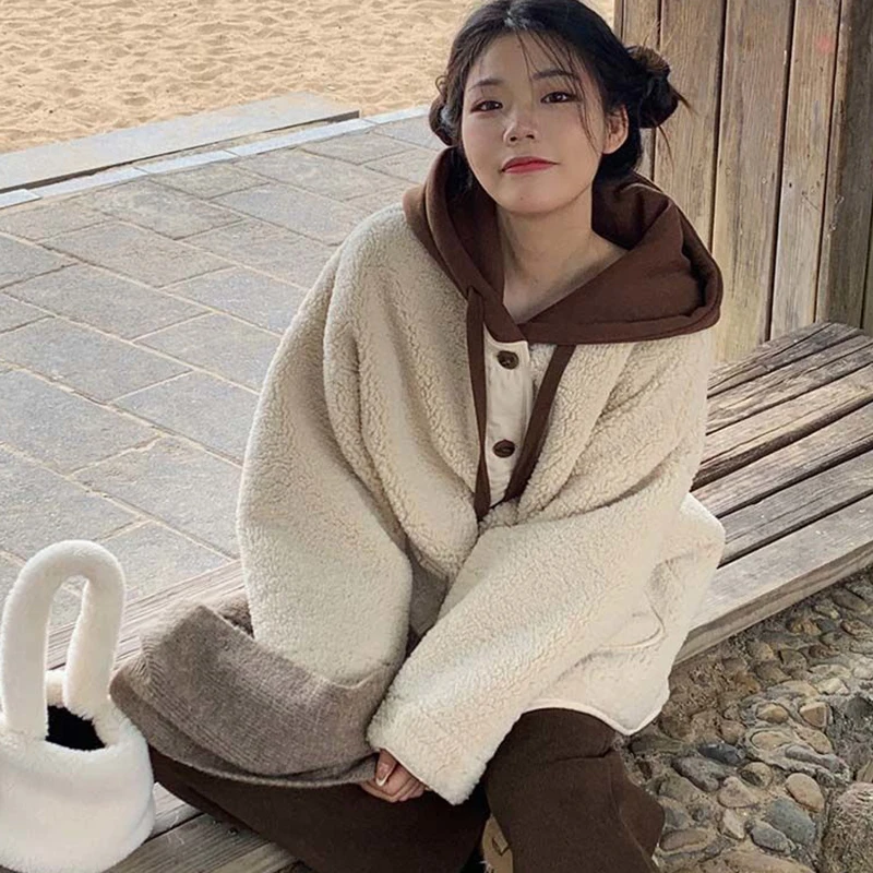 Japanese Cute Faux Lambswool Jacket Women Korean Long Sleeve Hooded Plush Coats Woman Loose Single Breasted Warm Jackets Female